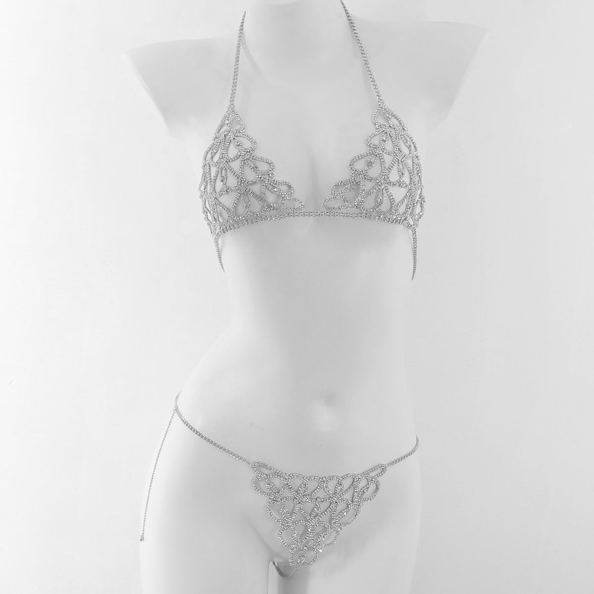 Rhinestone Heart Bra & Panty Body Chain Set