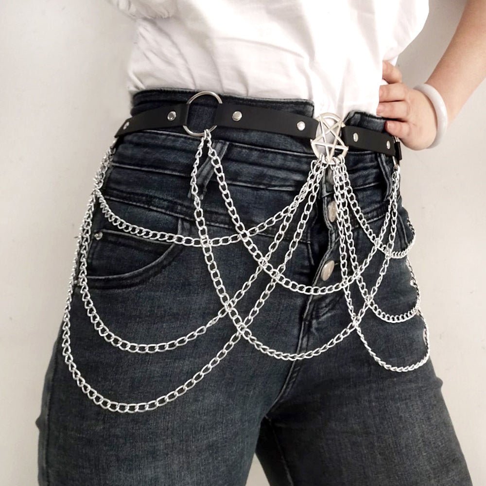 Rock-style multi-layered chain five-pointed star belt