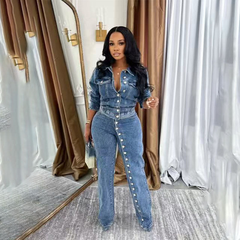 Long-sleeve button-front top and slim-fit jeans set