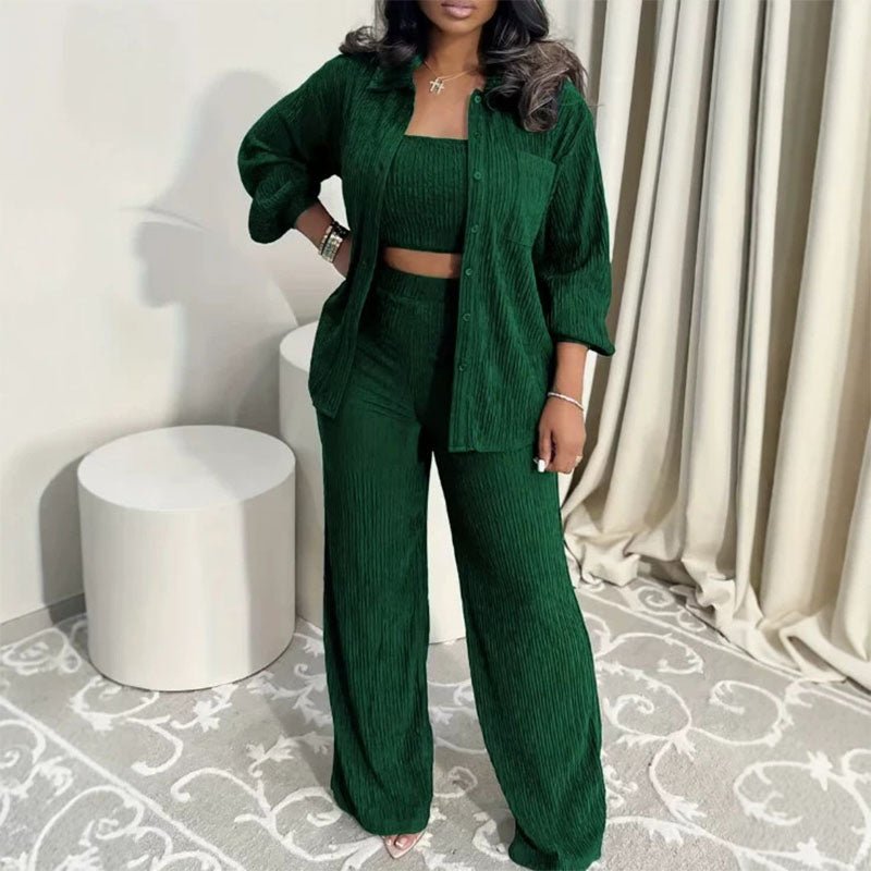 Loose-fitting collared shirt, tube top, and wide-leg trousers three-piece set