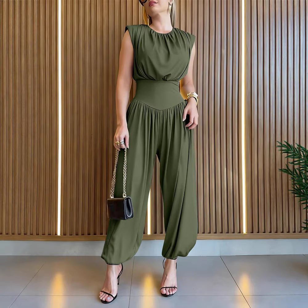 Drapey Sleeveless Wide Leg Waist Cinching Jumpsuit