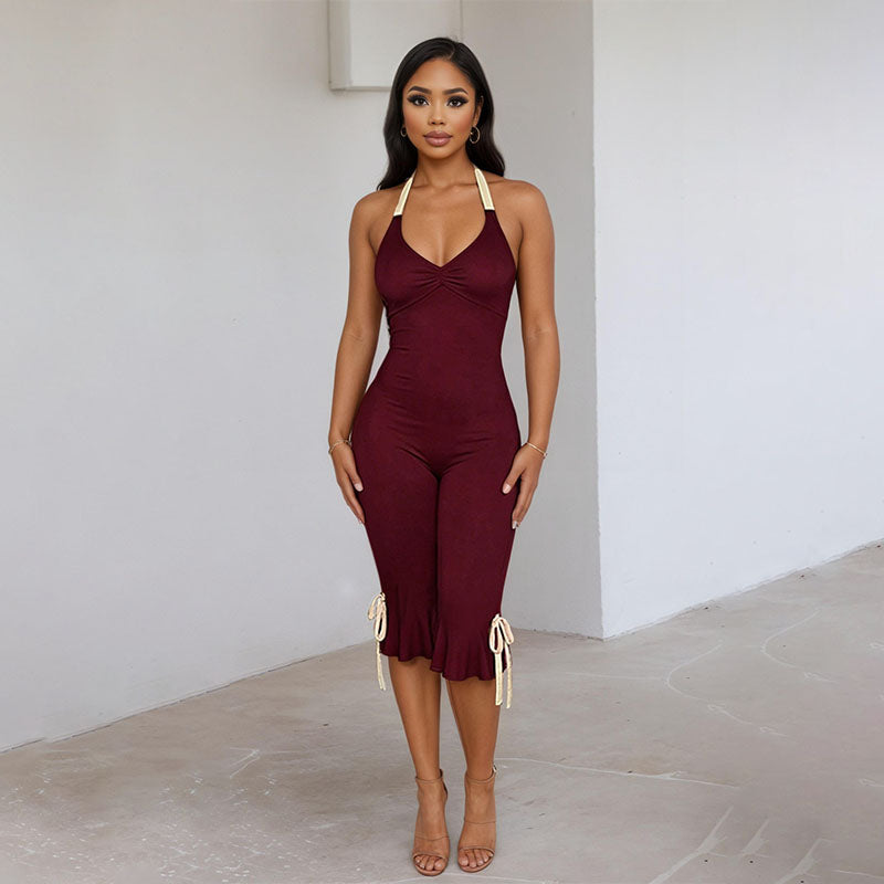 Open-back lace-up fitted jumpsuit