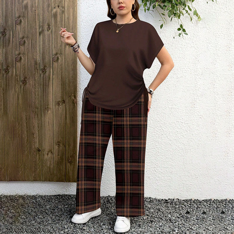 Side drawstring pleated plus-size top and plaid wide-leg pants set