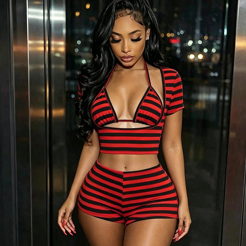 Striped cropped top and mini shorts three-piece set