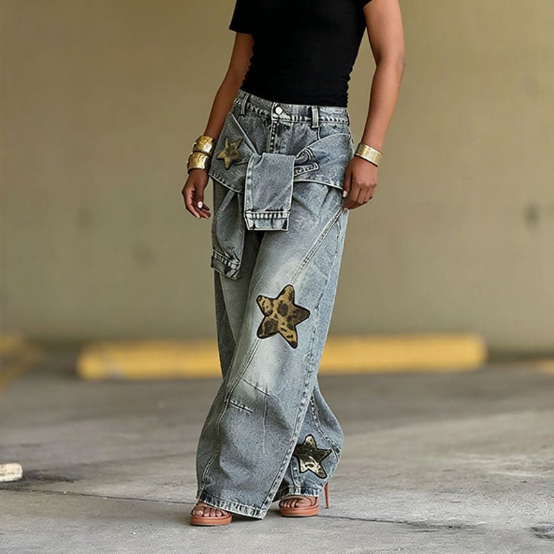 Layered lace-up star-detail jeans