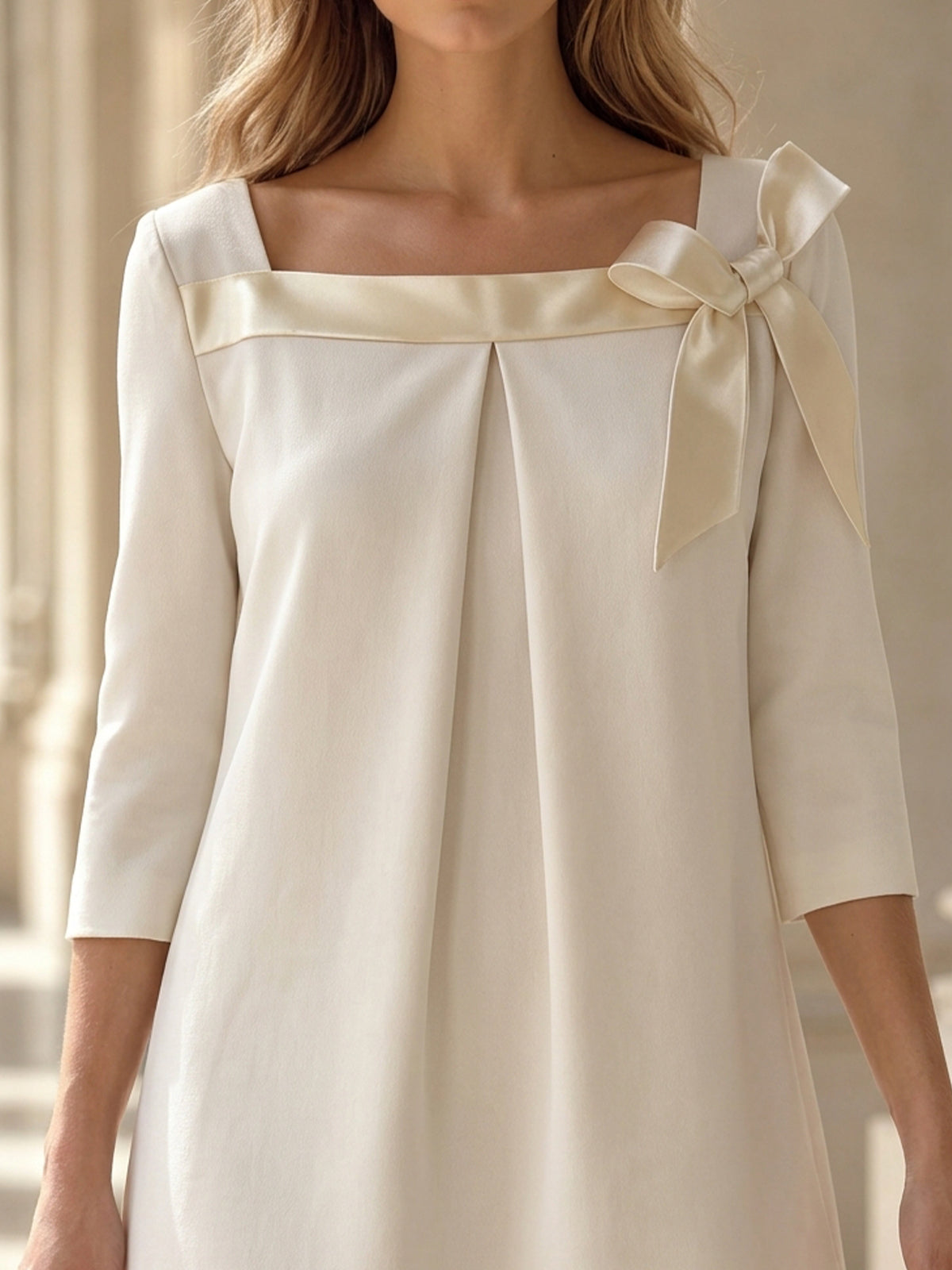 Satin Bow Square-Neck Three-Quarter Sleeve Mini Dress