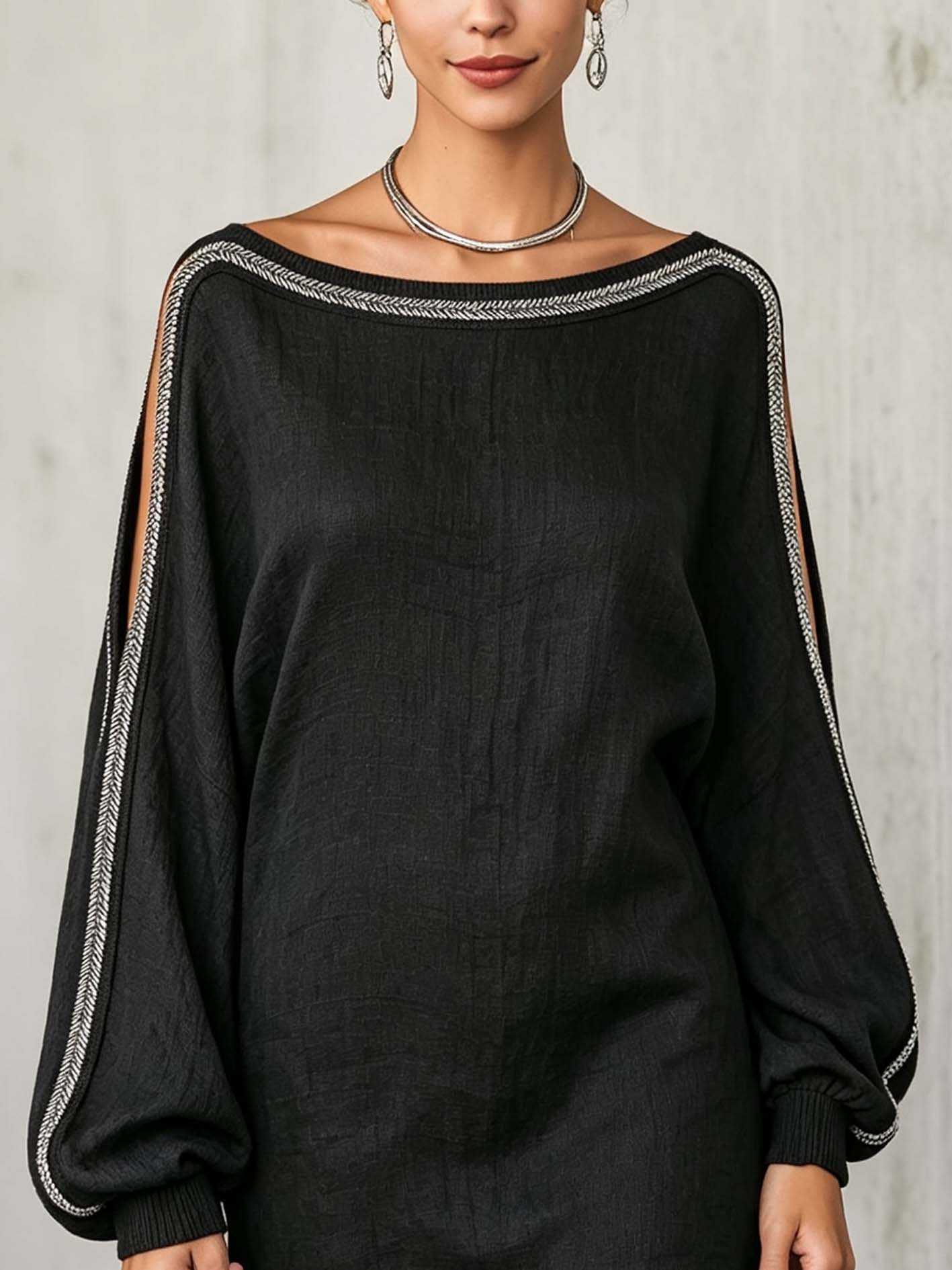 Black linen-blend lantern-sleeve mini dress with piped trim