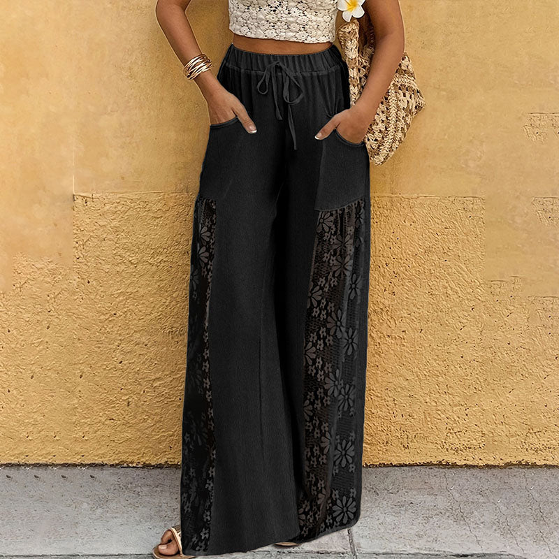 Lace floral patchwork elastic waist wide-leg pants