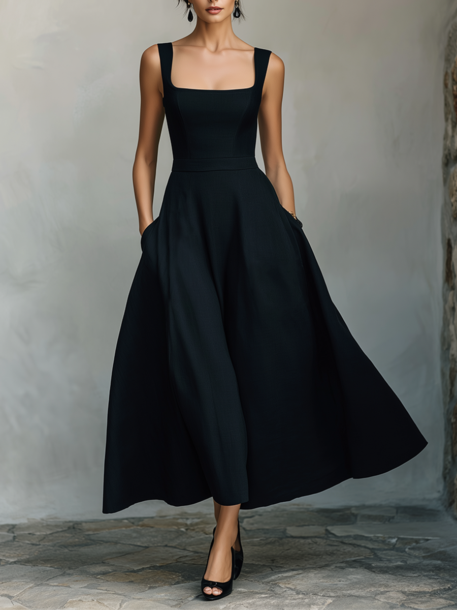 Women’s Square Neck Sleeveless Black A‑Line Maxi Dress With Pockets