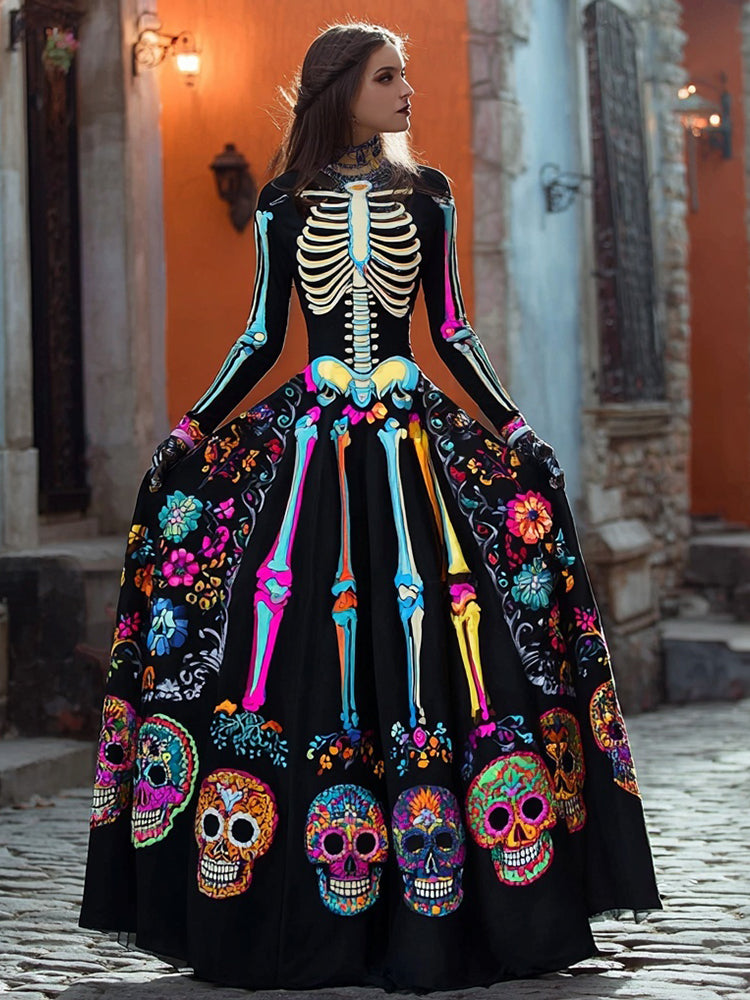Women's Halloween Long Sleeve Black Maxi Dress | Embroidered