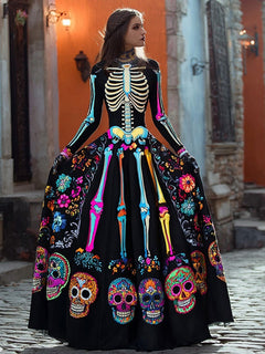 Women's Halloween Long Sleeve Black Maxi Dress | Embroidered