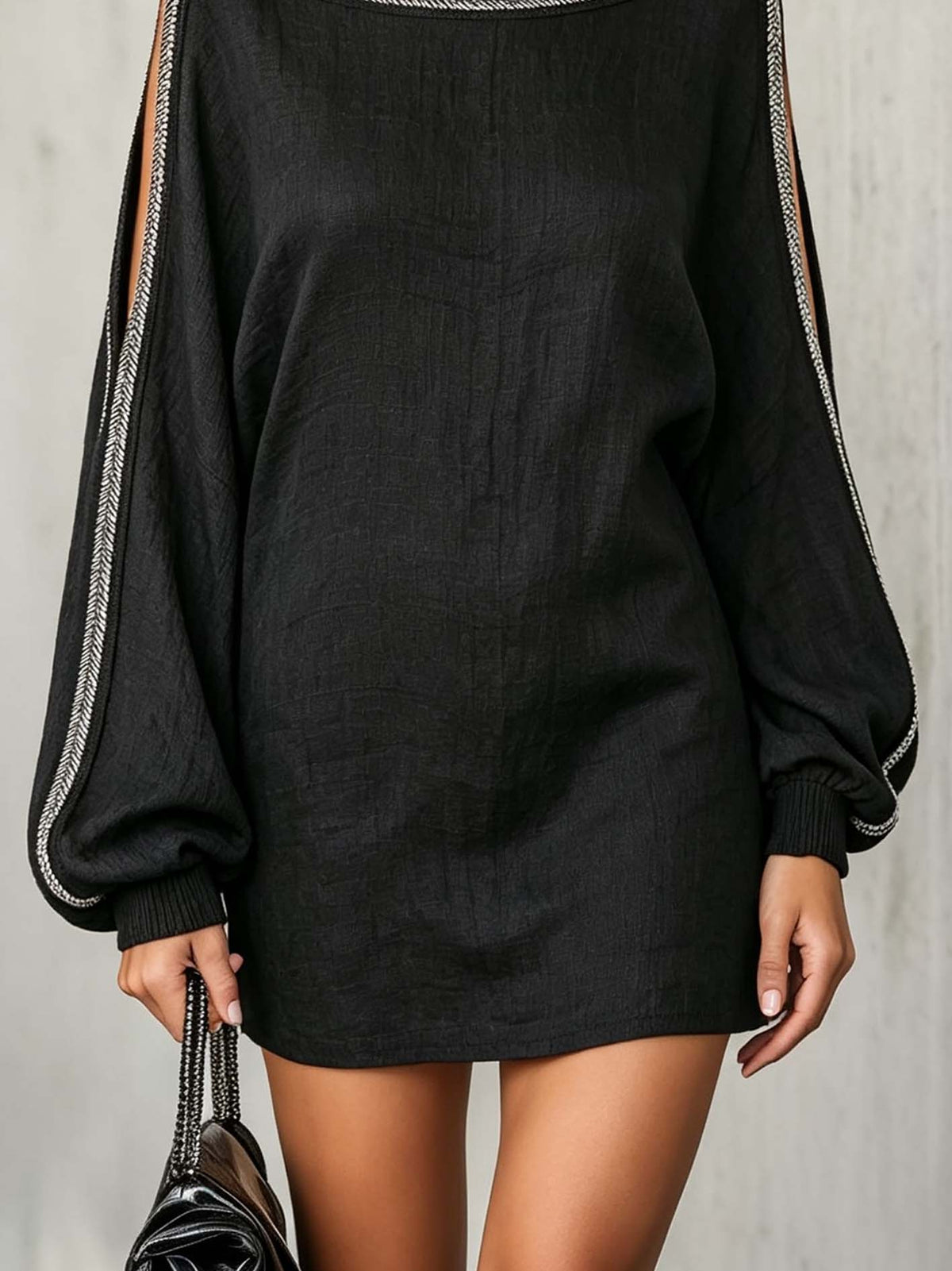 Black linen-blend lantern-sleeve mini dress with piped trim