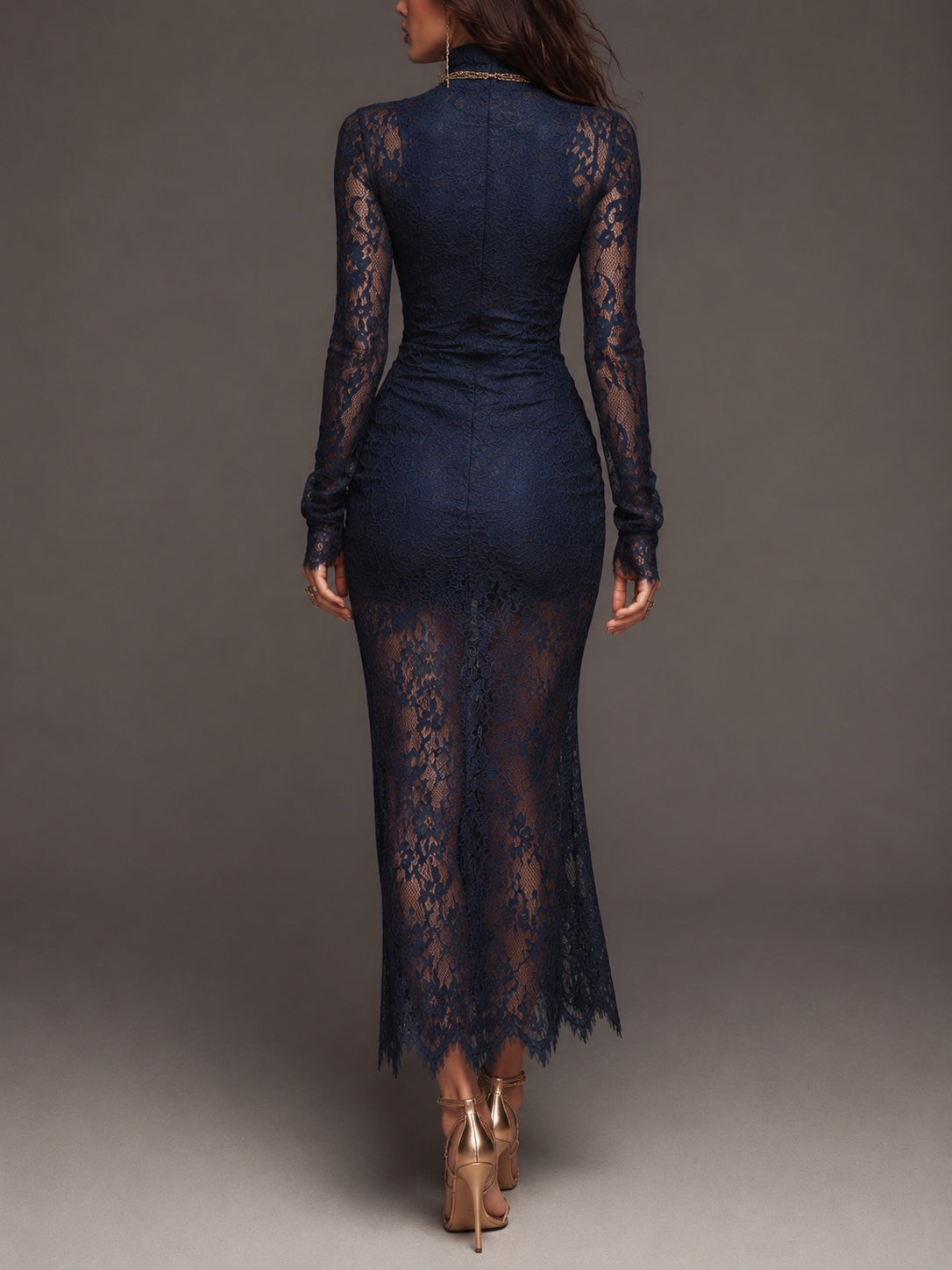Romantic Long-Sleeve Mock-Neck Slim-Fit Slit Lace Midi Dress