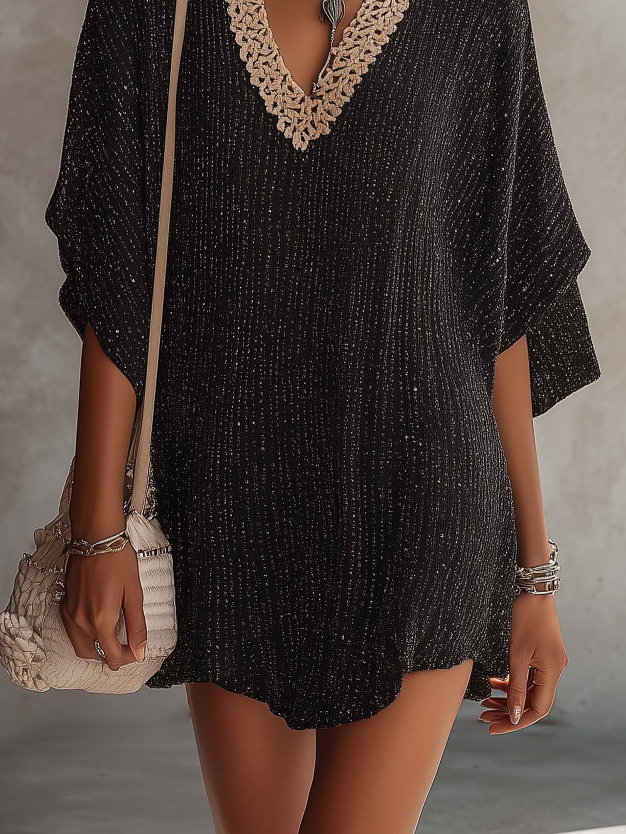 Black color-block V-neck mini dress with batwing sleeves