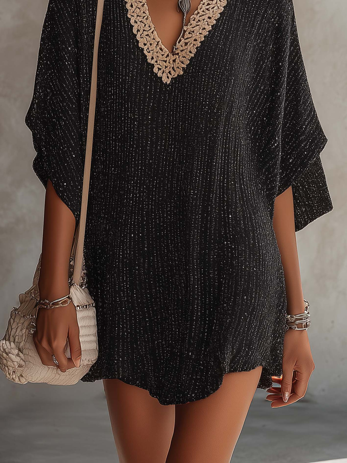 Black color-block V-neck mini dress with batwing sleeves