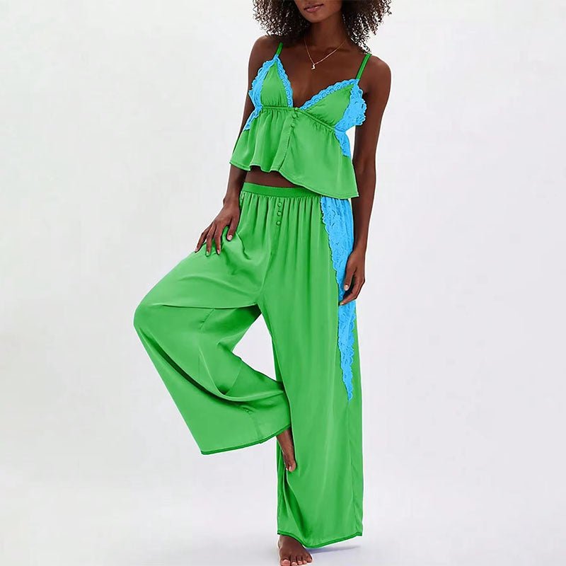 Lace-Trimmed Spaghetti Strap Camisole and Wide-Leg Pants Loungewear Set