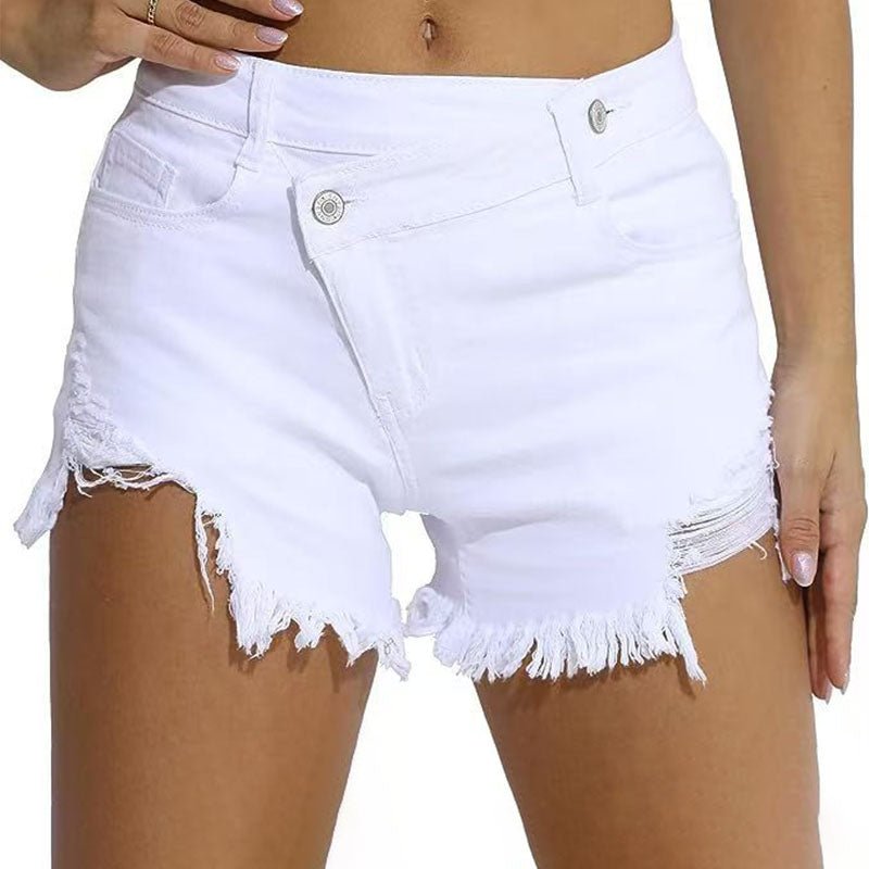 Asymmetric Button Raw-Hem Denim Shorts
