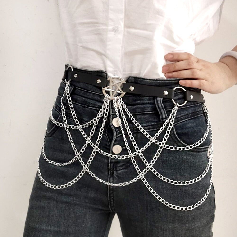 Rock-style multi-layered chain five-pointed star belt