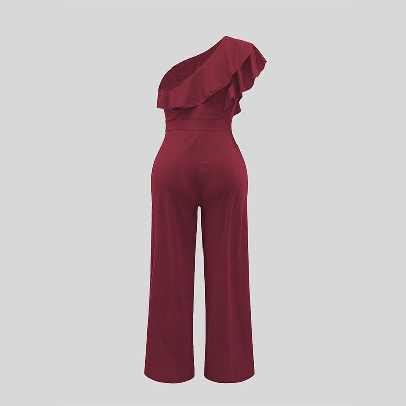 One-shoulder ruffled high-waisted wide-leg jumpsuit