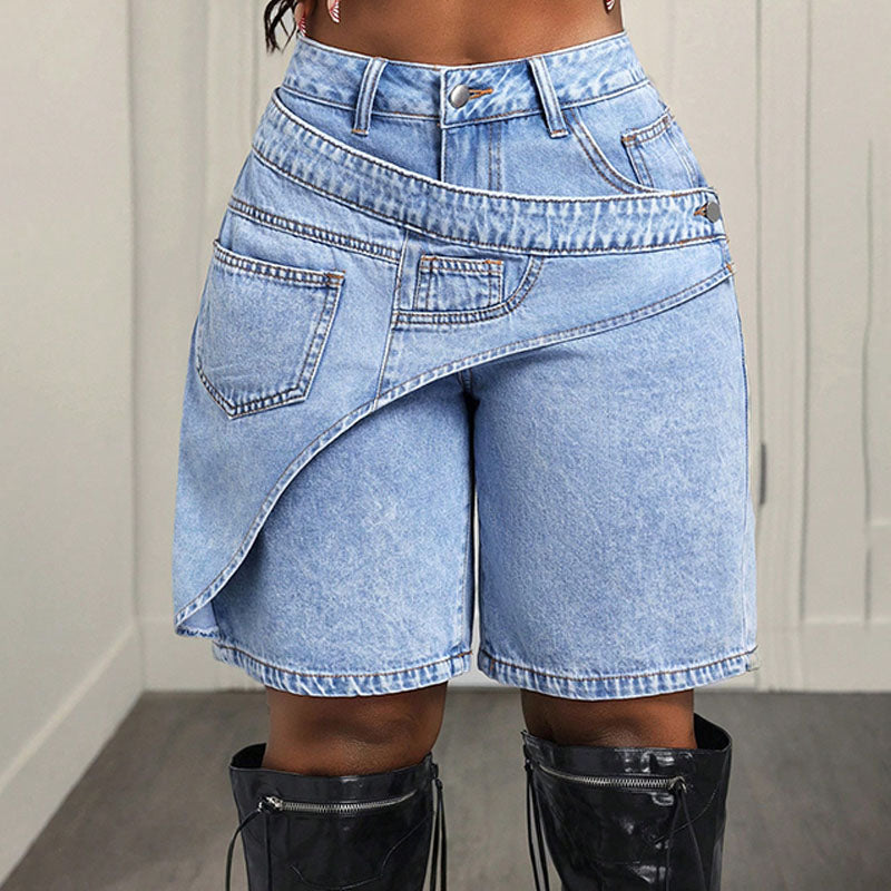 High-waisted irregular patchwork denim shorts