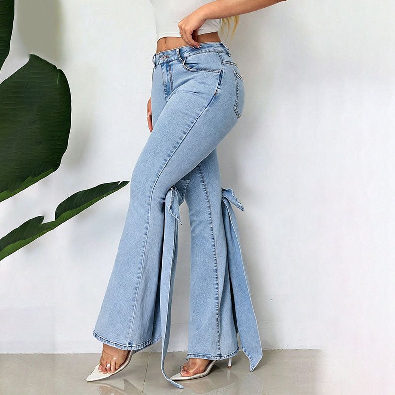High-waisted bow-tie slim-fit stretch flared jeans