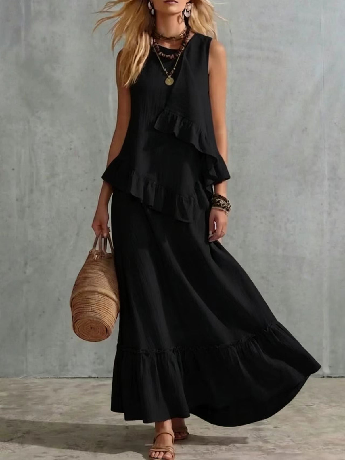 Women's Solid-Color Asymmetrical Sleeveless Maxi Dress