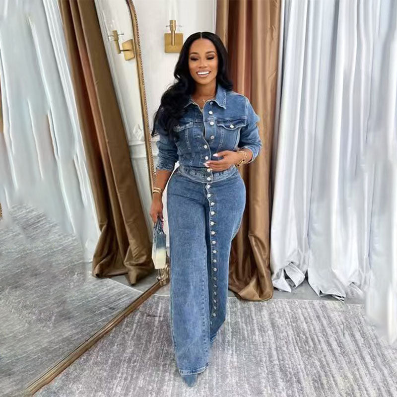 Long-sleeve button-front top and slim-fit jeans set