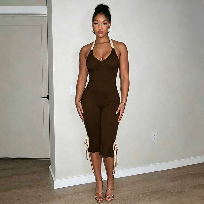 Open-back lace-up fitted jumpsuit