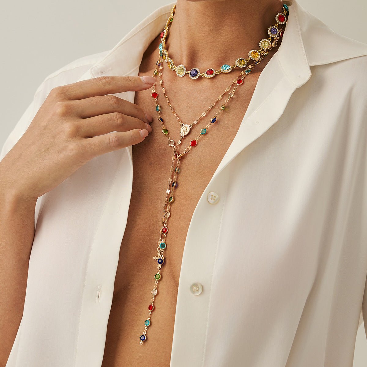 Bohemian-style round crystal layered necklace