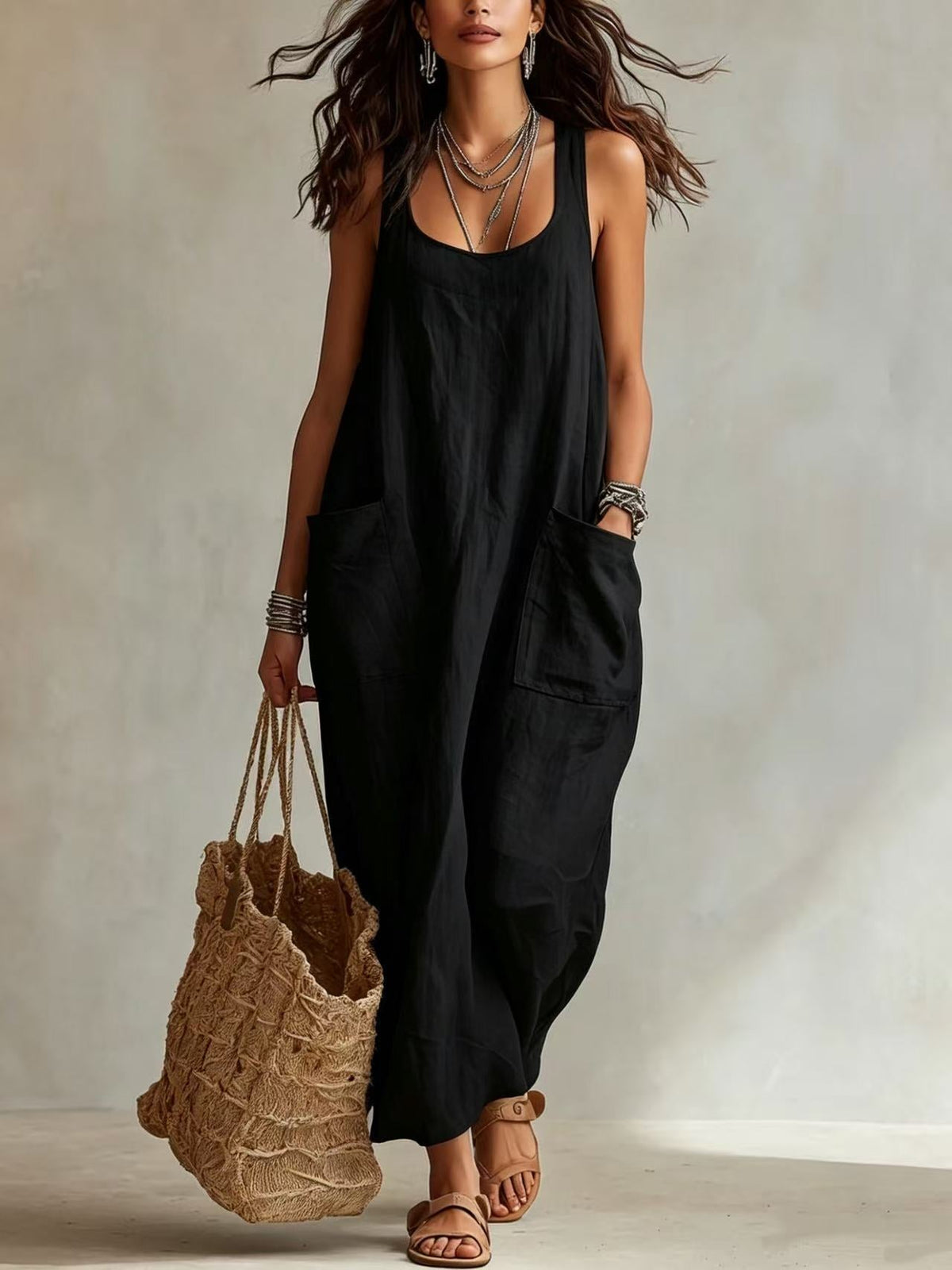 Casual Minimalist Pocketed Maxi Slip Dress