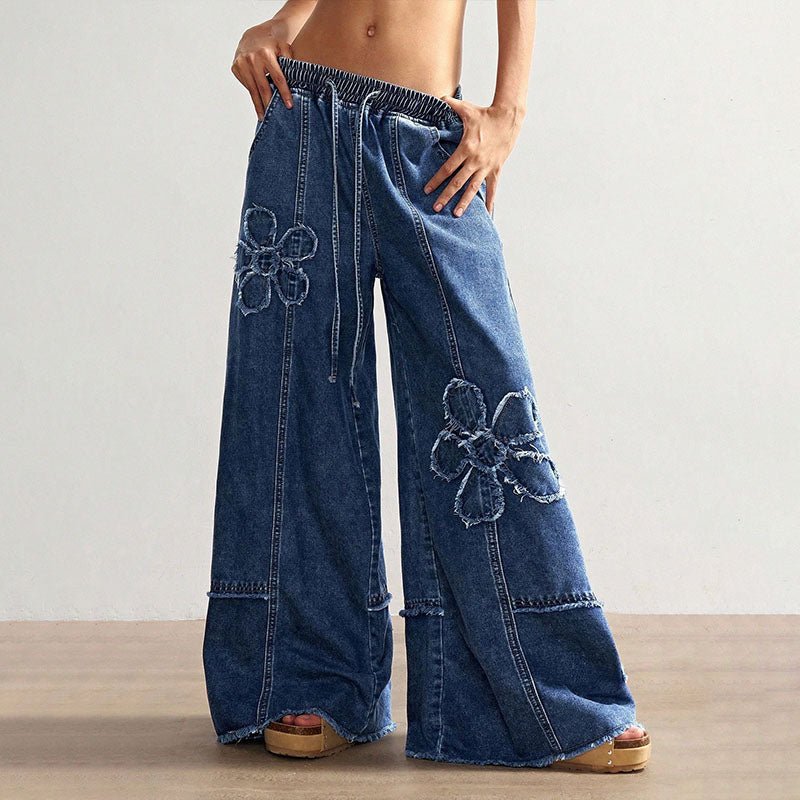 Elastic waist floral frayed wide-leg jeans