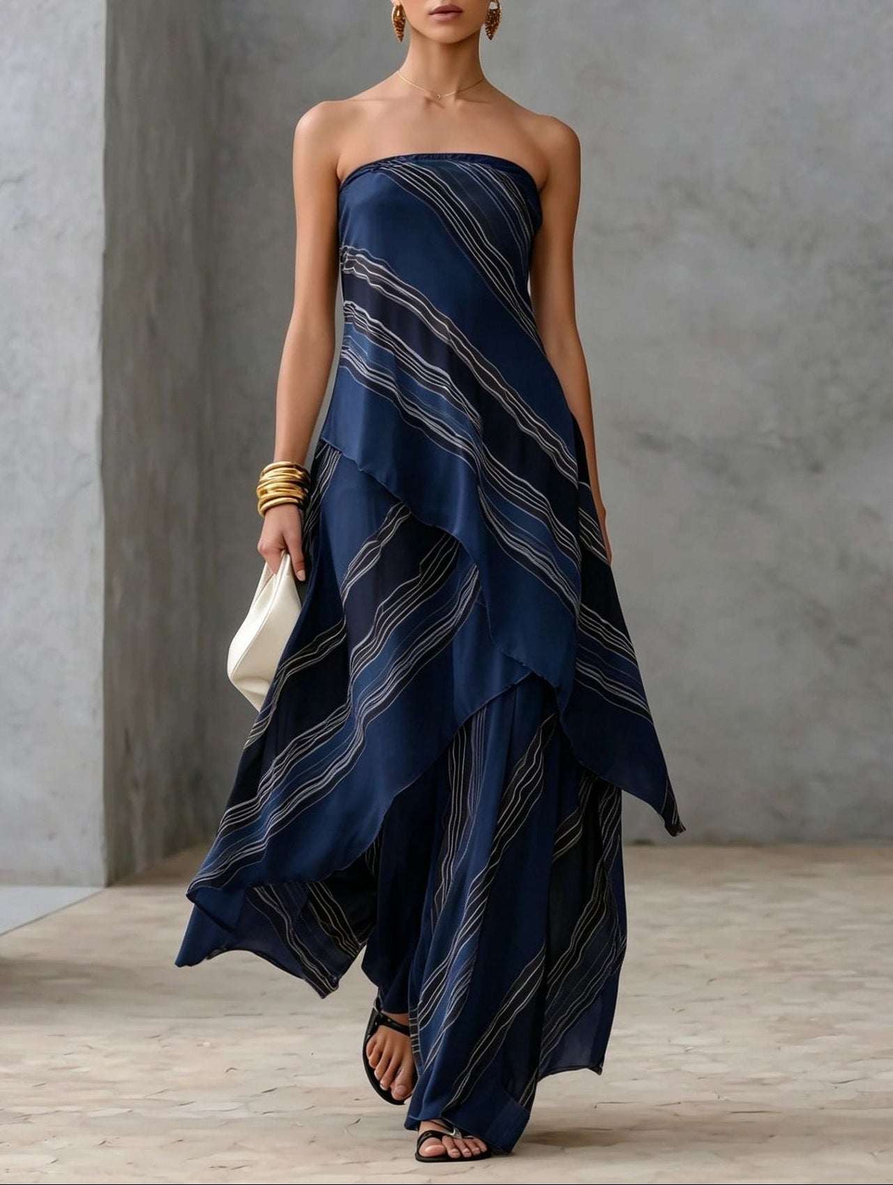 Casual Striped Chiffon Strapless Sleeveless Maxi Dress