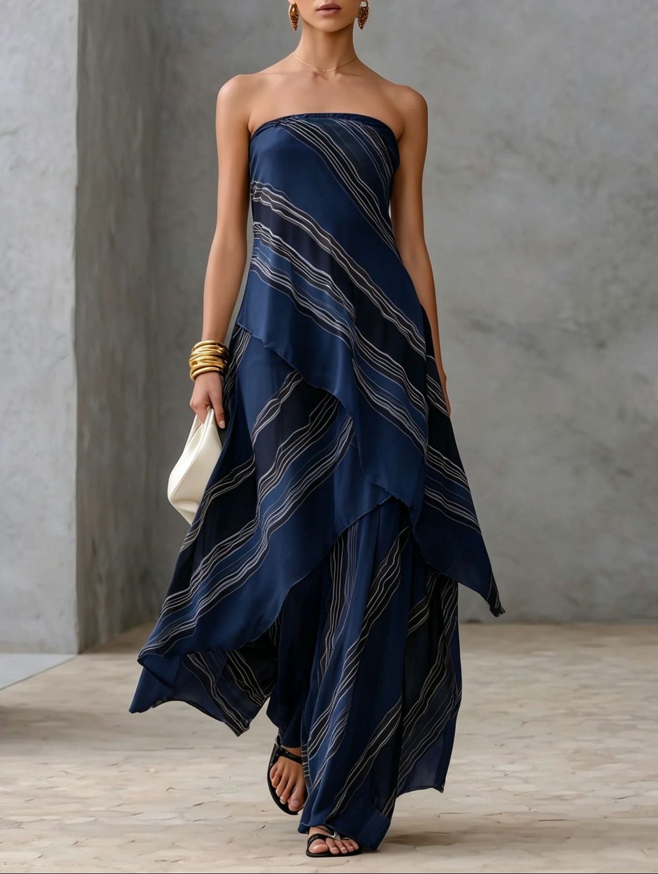 Casual Striped Chiffon Strapless Sleeveless Maxi Dress