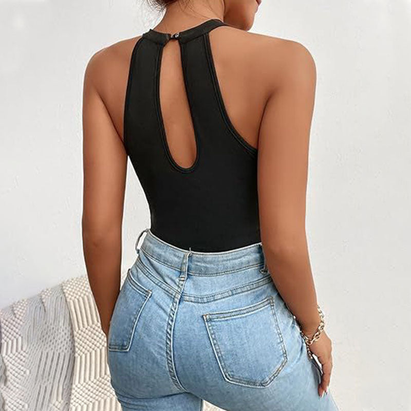 Cut-out mesh panel halter-neck bodysuit