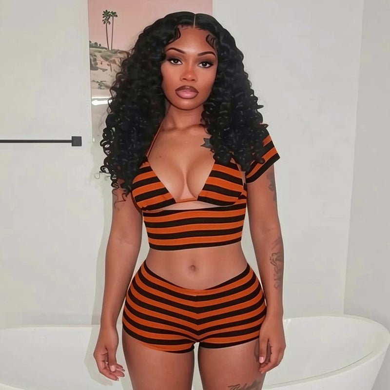 Striped cropped top and mini shorts three-piece set