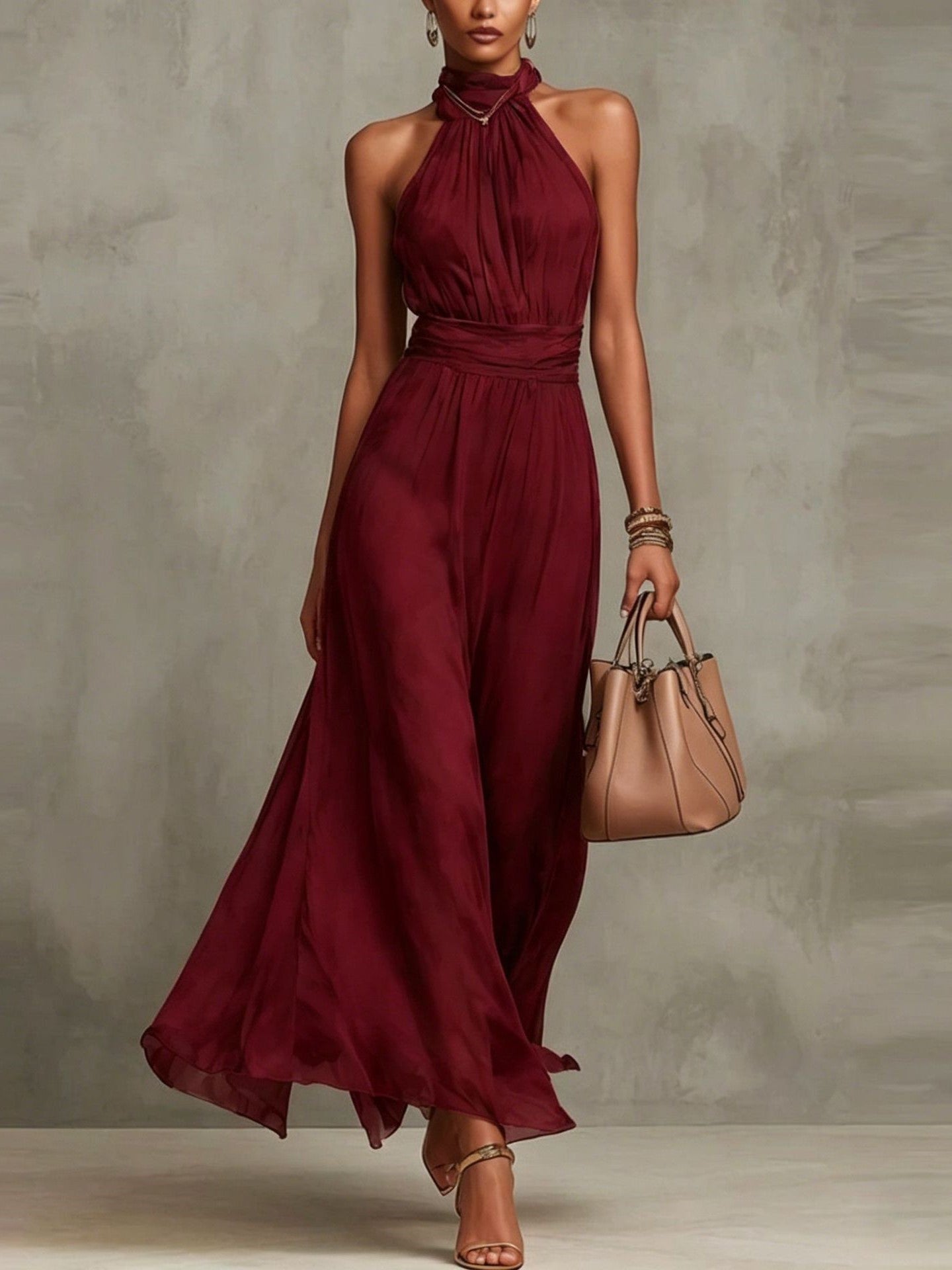 Solid Color Chiffon Halter Maxi Dress