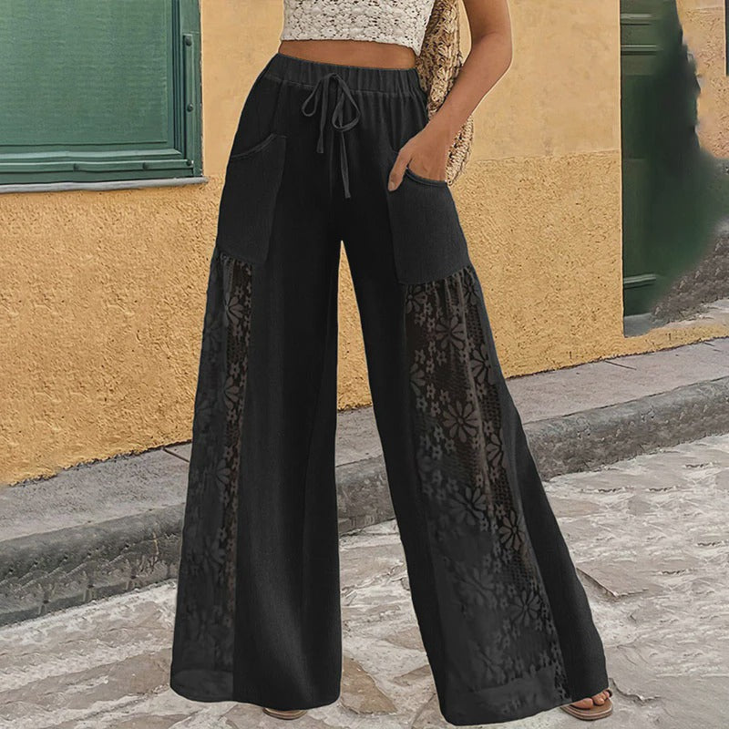Lace floral patchwork elastic waist wide-leg pants