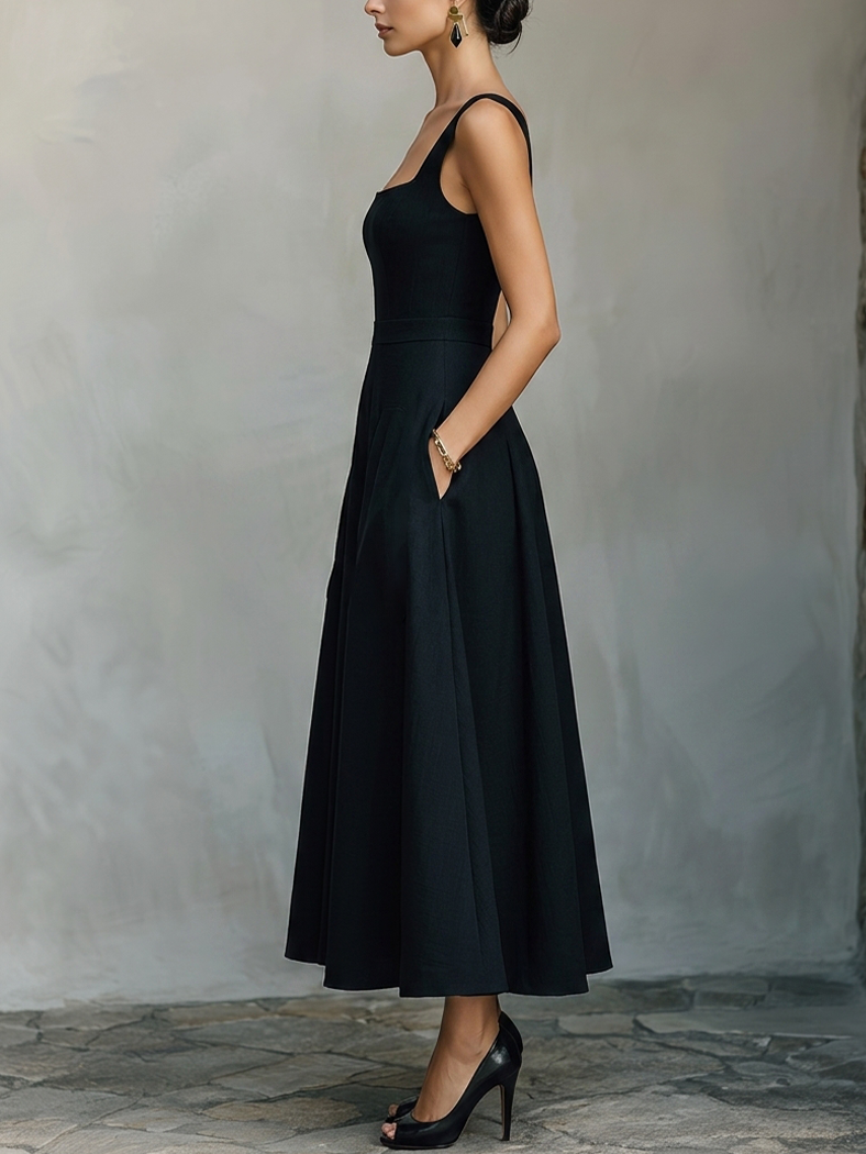 Women’s Square Neck Sleeveless Black A‑Line Maxi Dress With Pockets