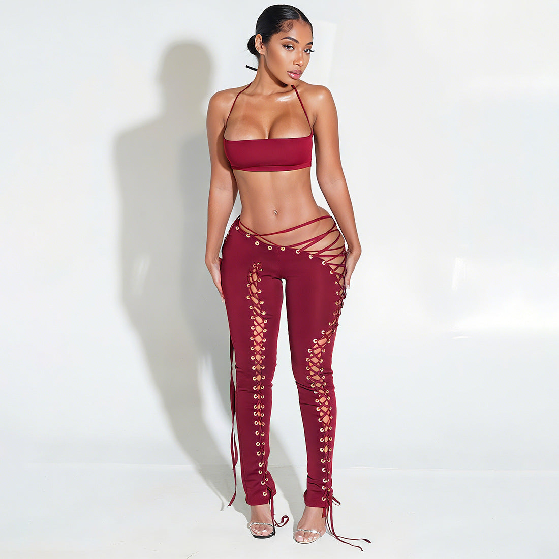 Short vest top with side tie leggings two-piece set