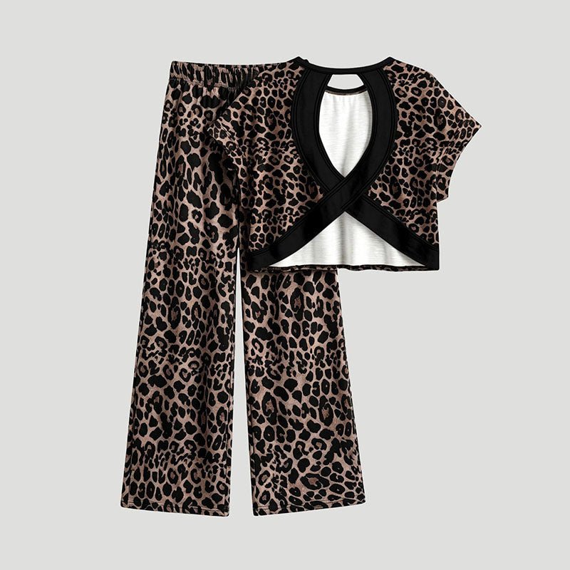 Leopard-print short-sleeved cutout top and trousers casual loungewear set