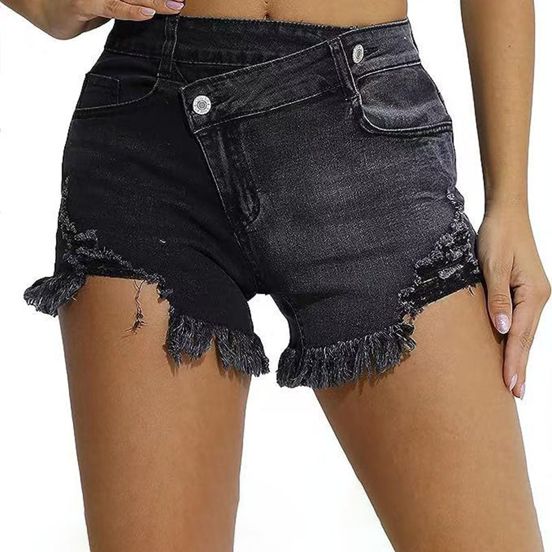 Asymmetric Button Raw-Hem Denim Shorts