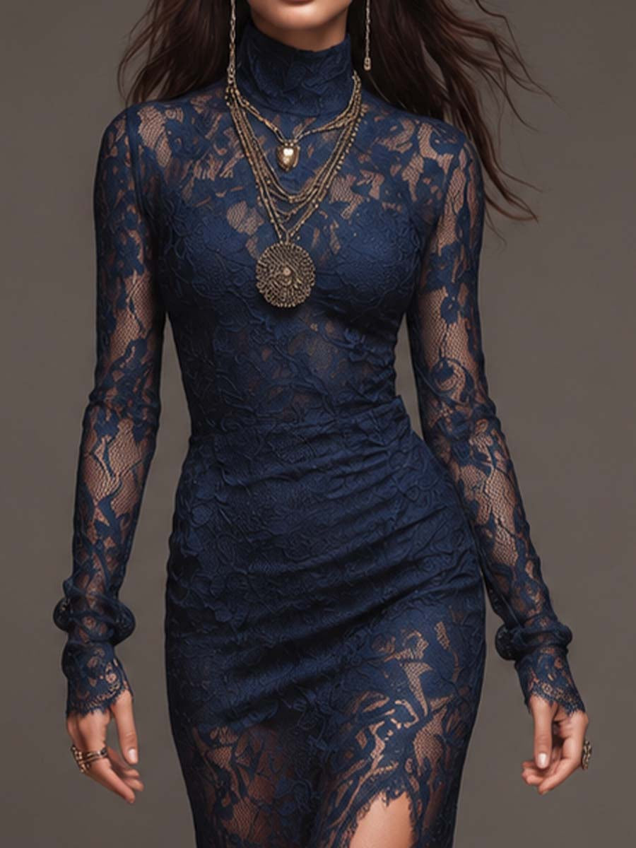 Romantic Long-Sleeve Mock-Neck Slim-Fit Slit Lace Midi Dress