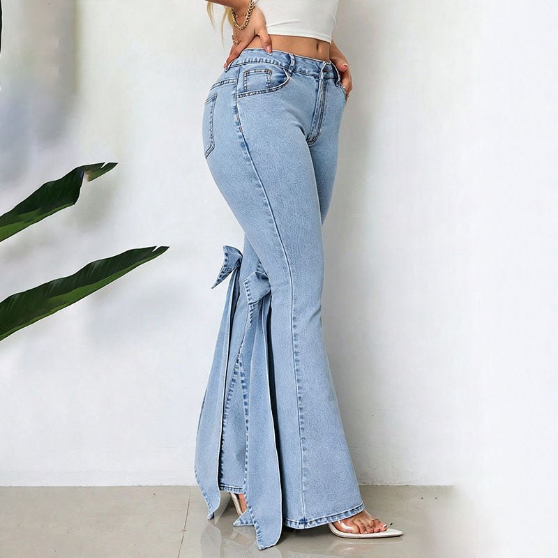 High-waisted bow-tie slim-fit stretch flared jeans
