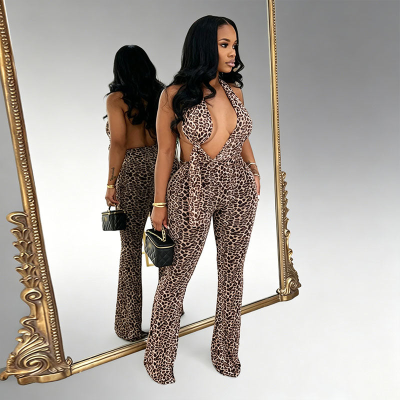 Leopard Print Halter Bodycon Jumpsuit