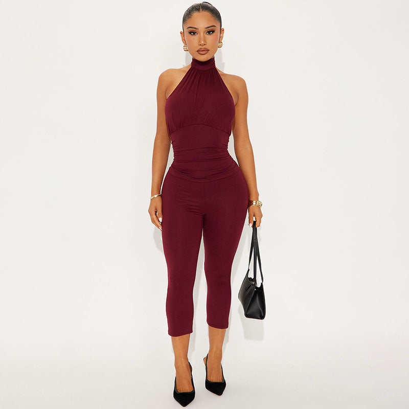 Halter-neck lace-up fitted jumpsuit