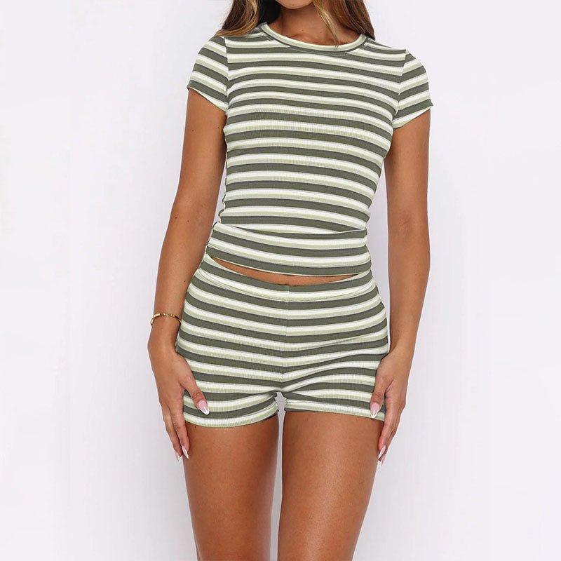 Crew neck slim-fit striped top and shorts two-piece set