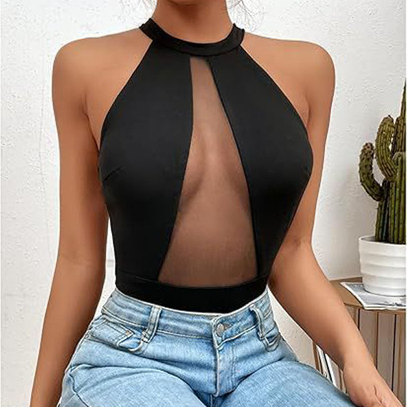 Cut-out mesh panel halter-neck bodysuit