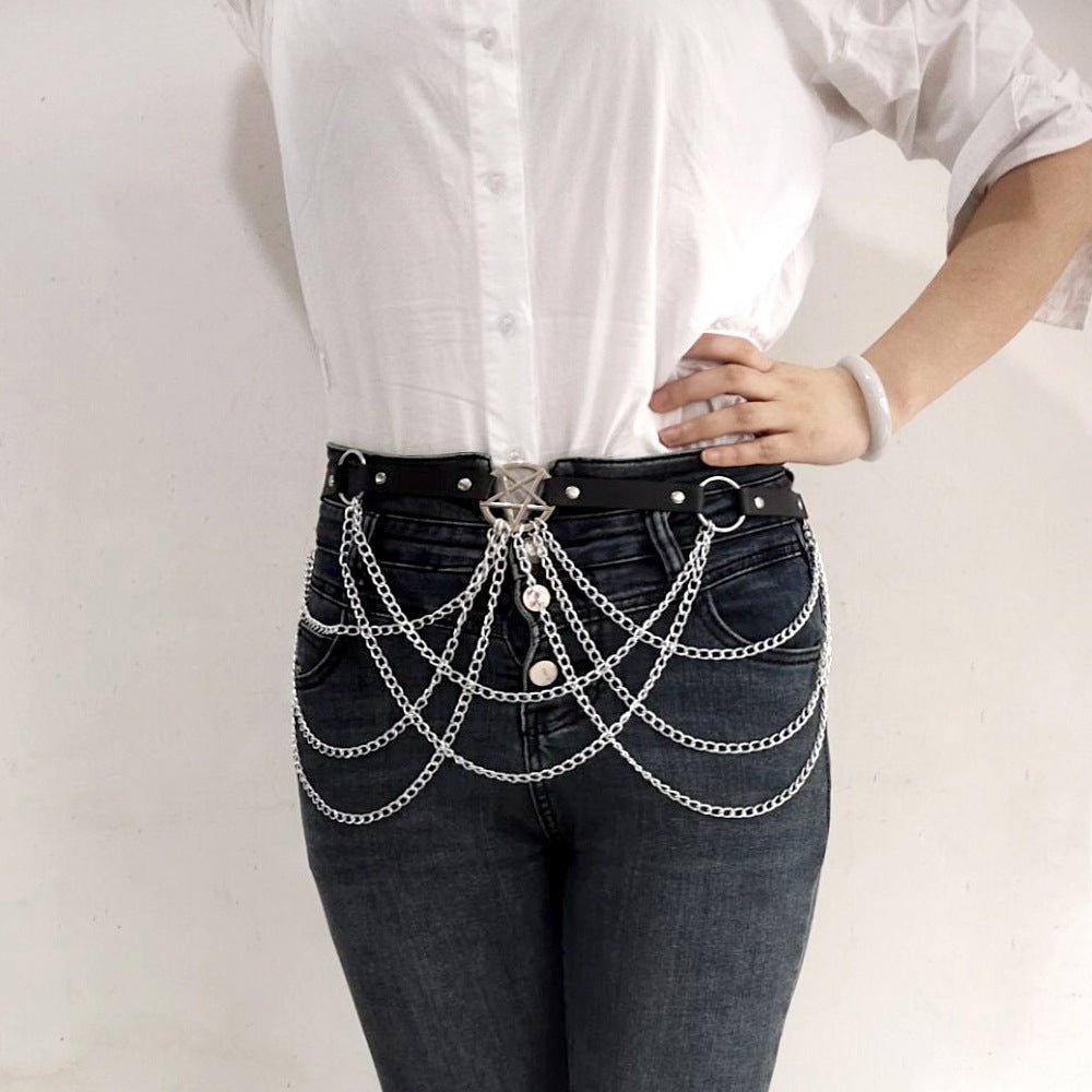 Rock-style multi-layered chain five-pointed star belt