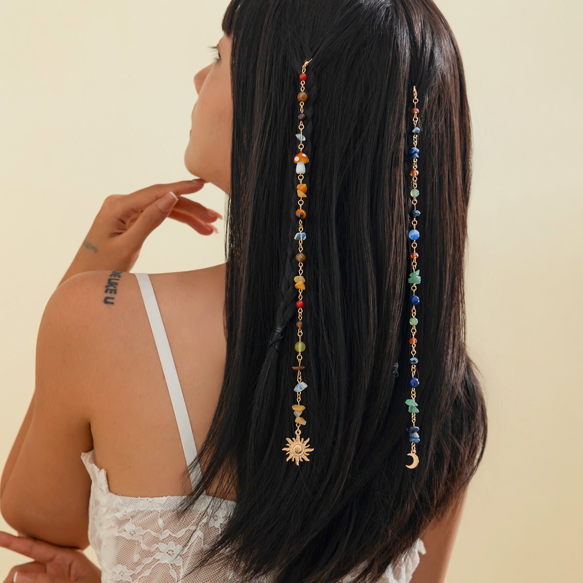 Sun and Moon Pendant Crystal Chip Beaded Hair Accessory Chain