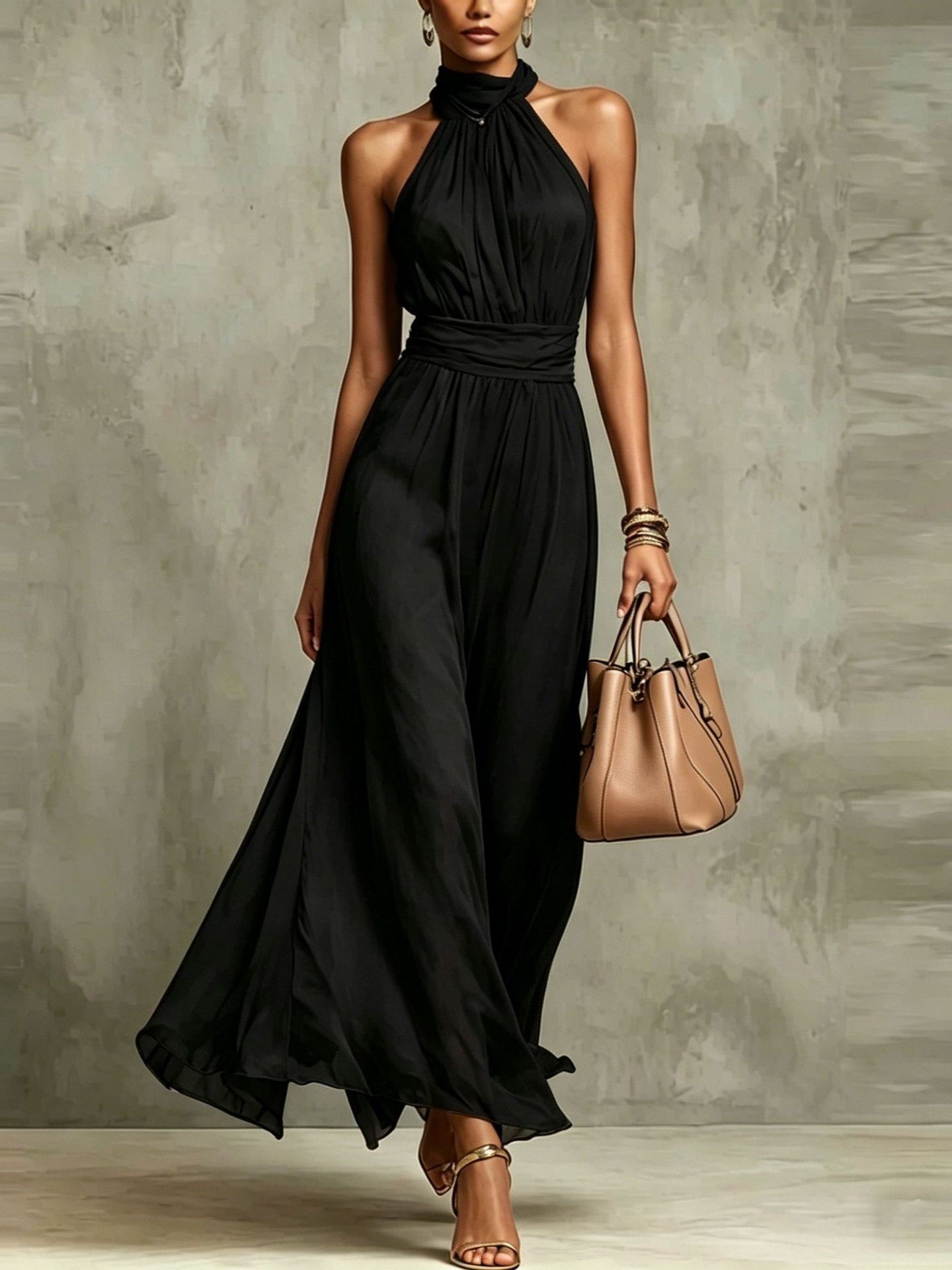 Solid Color Chiffon Halter Maxi Dress